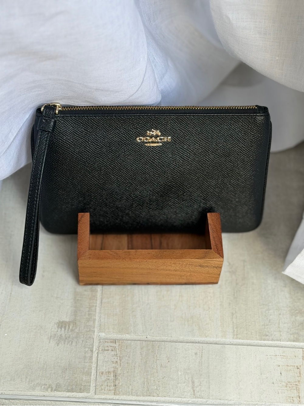 Coach Black Crossgrain Leather Zip Wristlet Wallet F57465